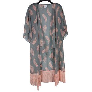 Lularoe Grey and Pink Feather & Fringe Womens Boho Open Front Kimono sz Small